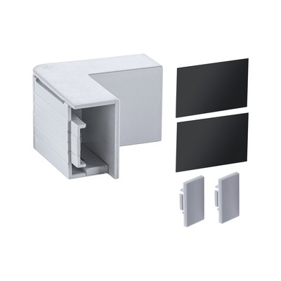 Connecteur d'angle en plastique gris avec deux caches noirs et deux embouts gris pour rails LED.