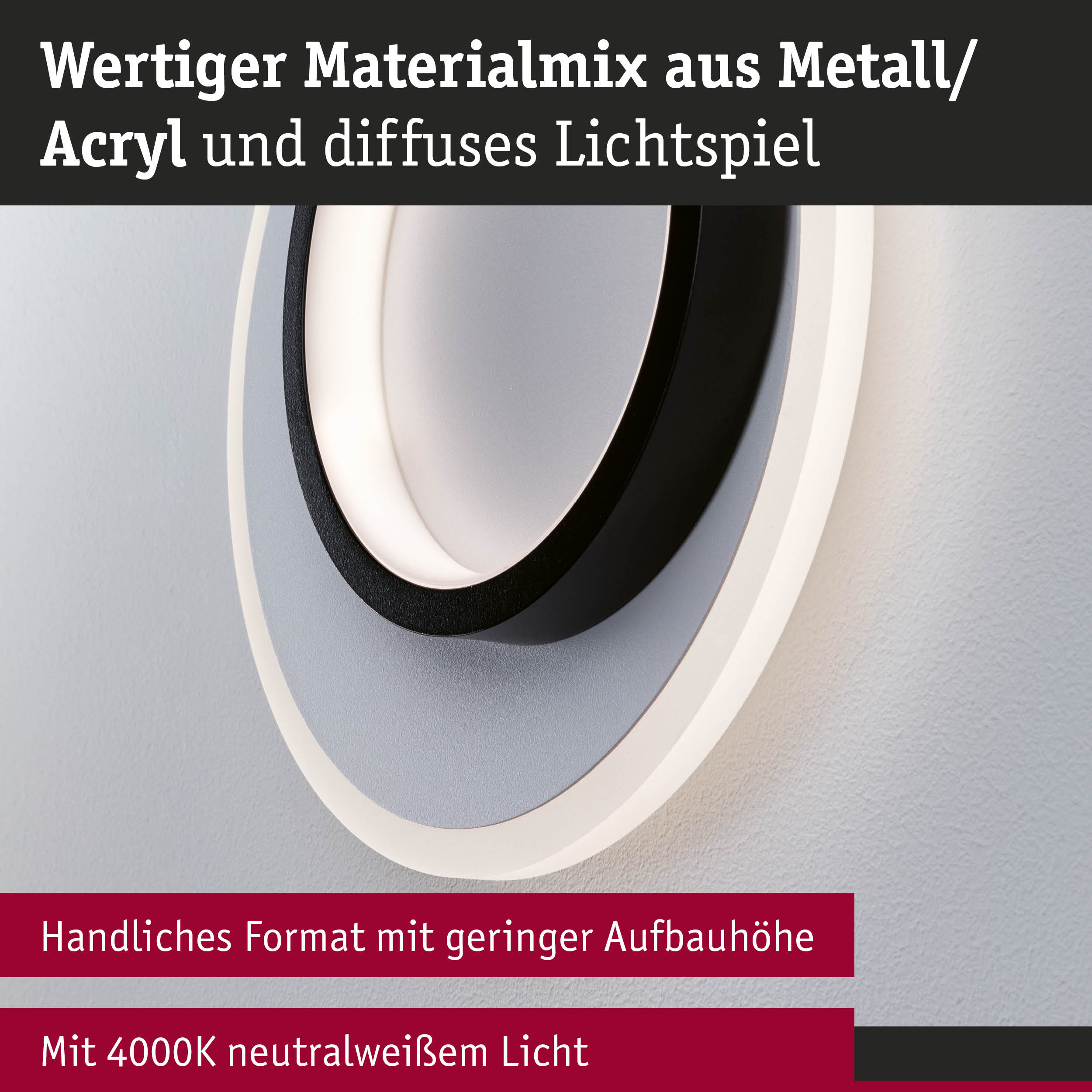 Moderne Wandleuchte aus Metall und Acryl in Schwarz und Weiß mit 4000K neutralweißem Licht
