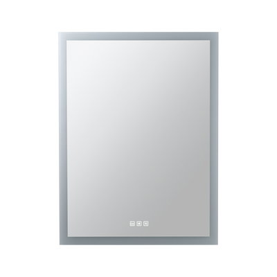 Quadratischer Badezimmerspiegel mit LED-Beleuchtung und Touch-Sensoren in silbernem Rahmen