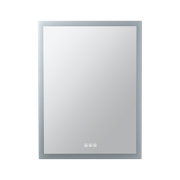 Square LED mirror with silver frame and touch control panel for bathroom lighting