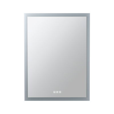 Square bathroom mirror with LED lighting and touch sensors in silver frame for modern interiors