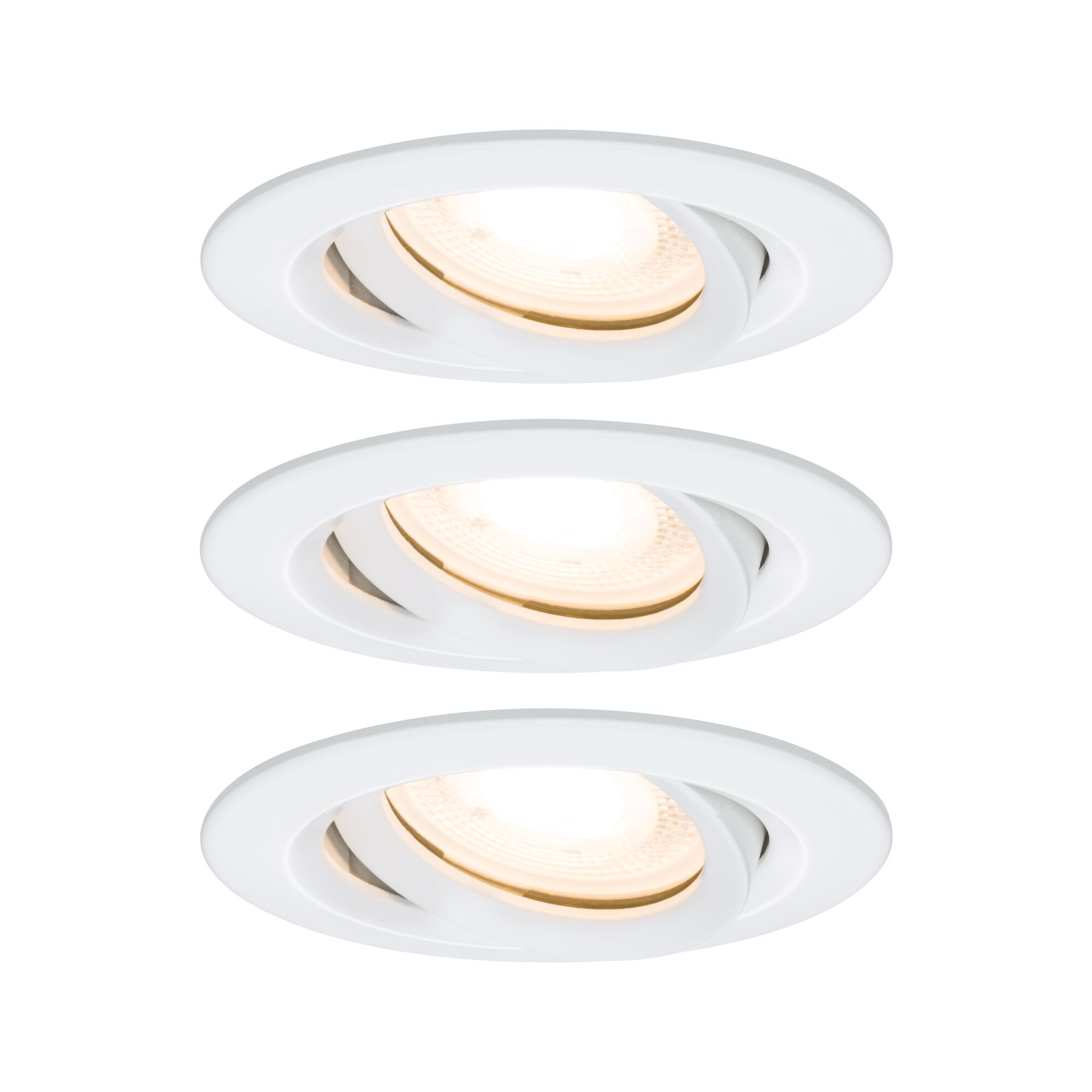 Three white plastic recessed spotlights with warm white light for modern indoor lighting