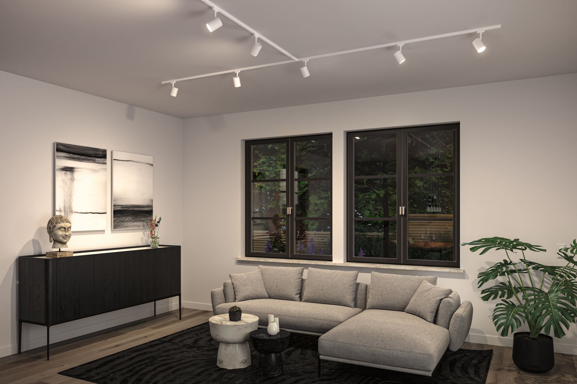 Modern living room with grey fabric sofa, black sideboard and white ceiling spotlights for accent lighting