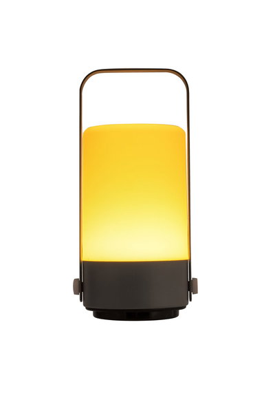 Modern portable LED lamp with warm yellow light and black handle for ambient lighting.