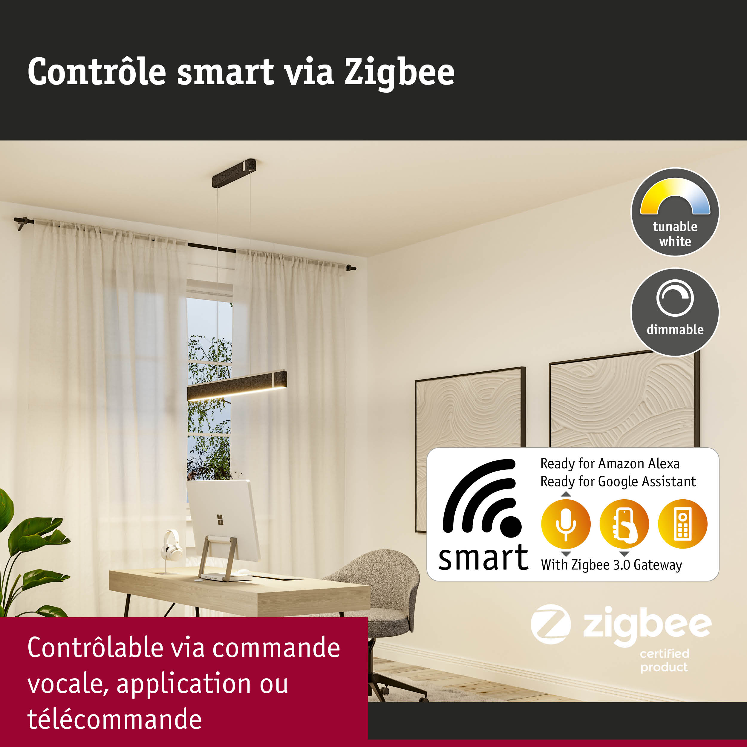 Suspension LED noire moderne avec contrôle intelligent Zigbee et lumière blanche réglable et dimmable