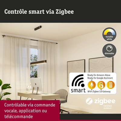 Suspension LED noire moderne avec contrôle intelligent Zigbee et lumière blanche réglable et dimmable