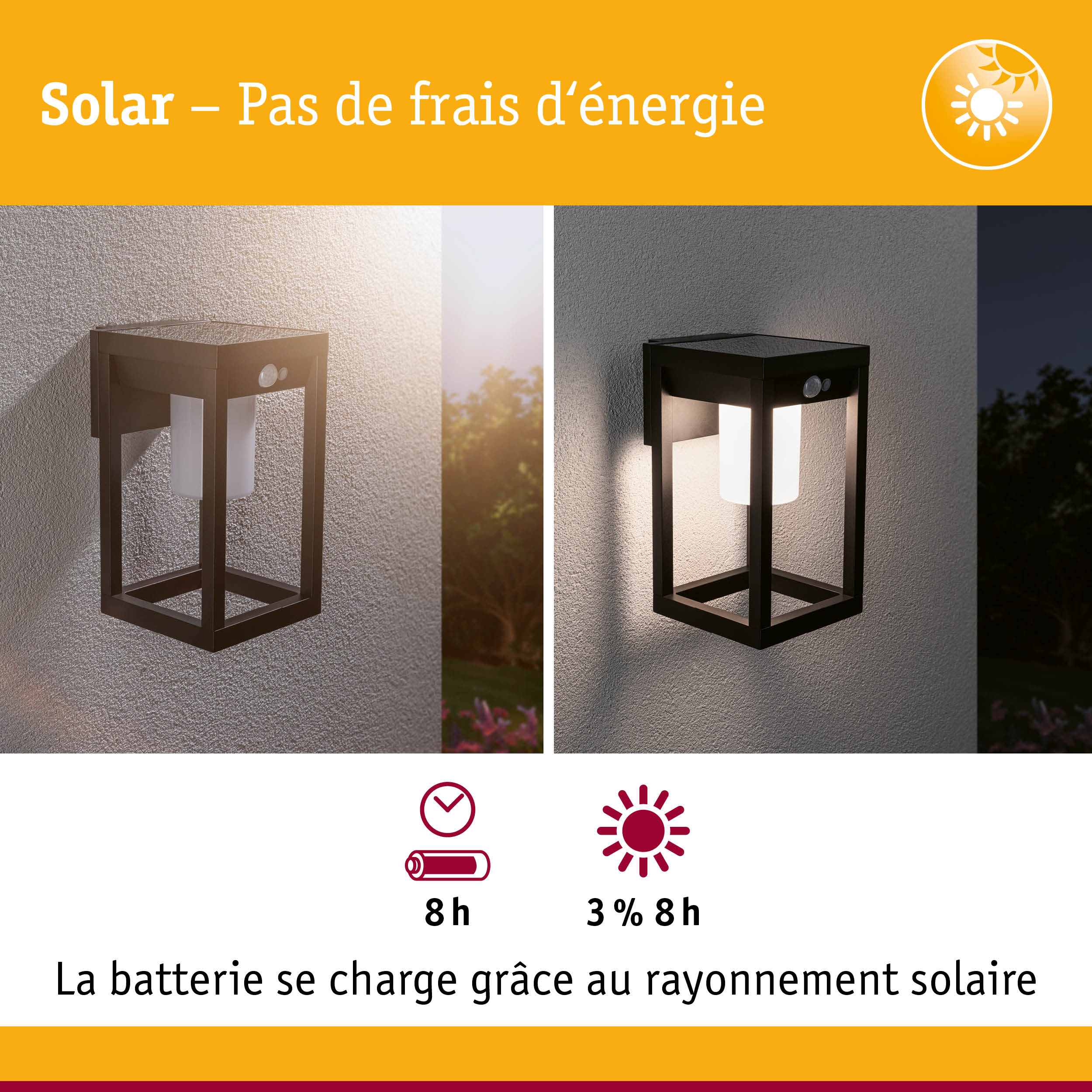 Applique murale solaire noire avec détecteur de mouvement, illustrant l'utilisation jour et nuit pour éclairage économique