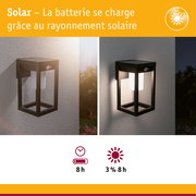 Applique murale solaire noire avec détecteur de mouvement, illustrant l'utilisation jour et nuit pour éclairage économique