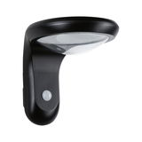 Black outdoor wall light made of plastic with motion sensor and clear lampshade for garden lighting