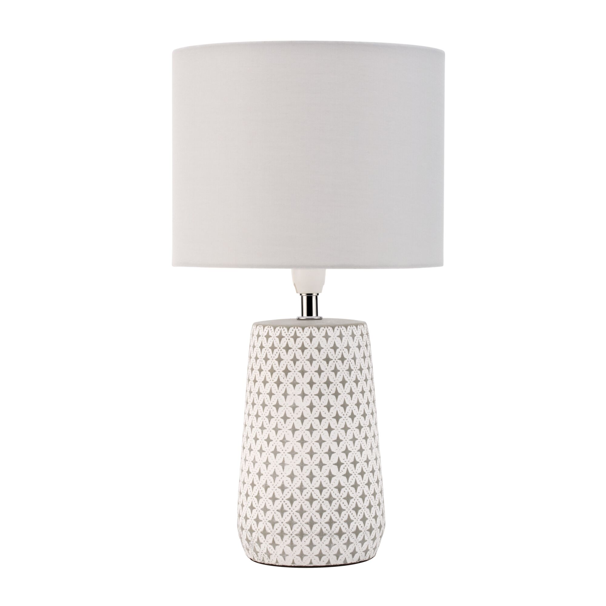 Table lamp with white fabric shade and patterned grey ceramic base for home lighting