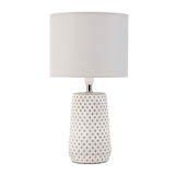 Table lamp with white fabric shade and patterned grey ceramic base for home lighting