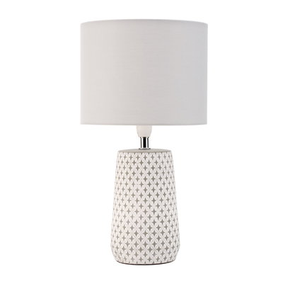 Lampe de table avec abat-jour en tissu blanc et pied en céramique grise à motif pour éclairage intérieur