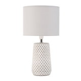 Table lamp with white fabric shade and grey patterned ceramic base for home lighting