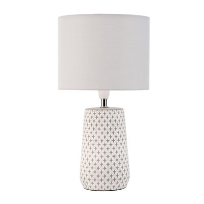 Table lamp with white fabric shade and grey patterned ceramic base for home lighting