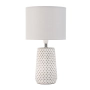 Table lamp with white fabric shade and grey patterned ceramic base for home lighting