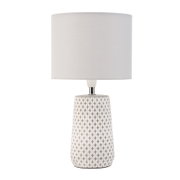 Table lamp with white fabric shade and grey patterned ceramic base for home lighting