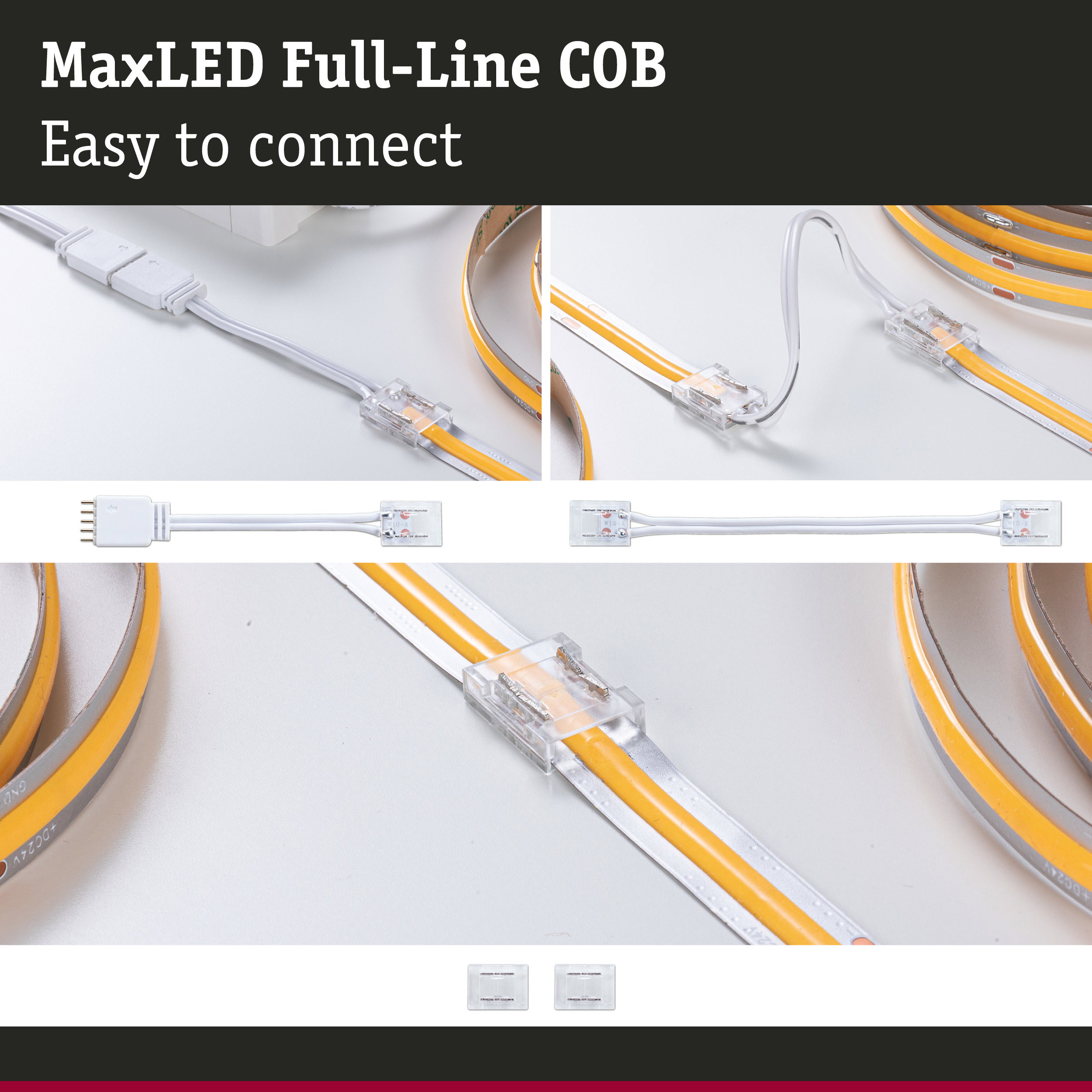 MaxLED Full-Line COB LED-Streifen mit transparentem Steckverbinder und gelber Lichtleiste für einfache Verbindung