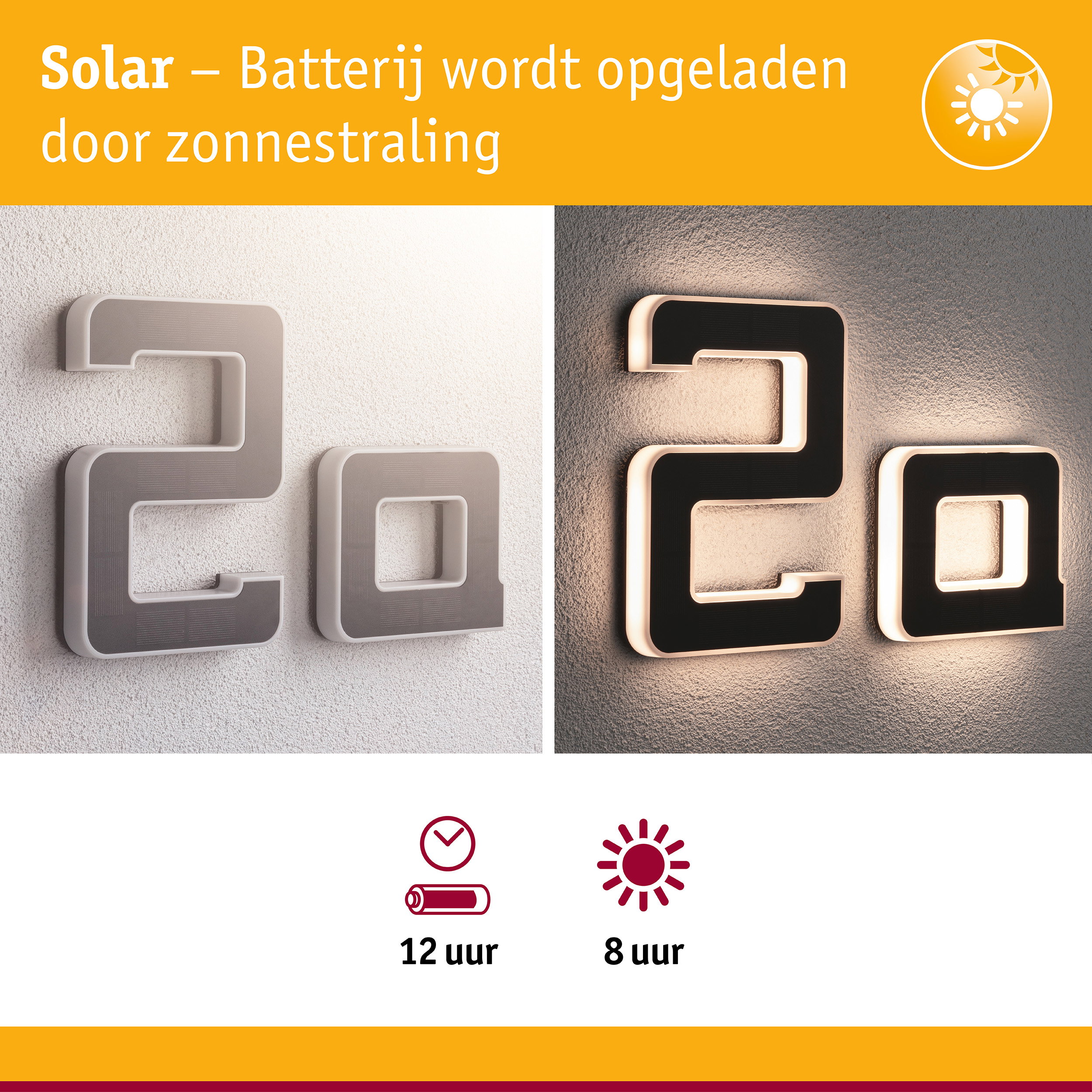 Zonne-energie huisnummer met LED-verlichting in zwart en wit voor energiezuinige buitenverlichting