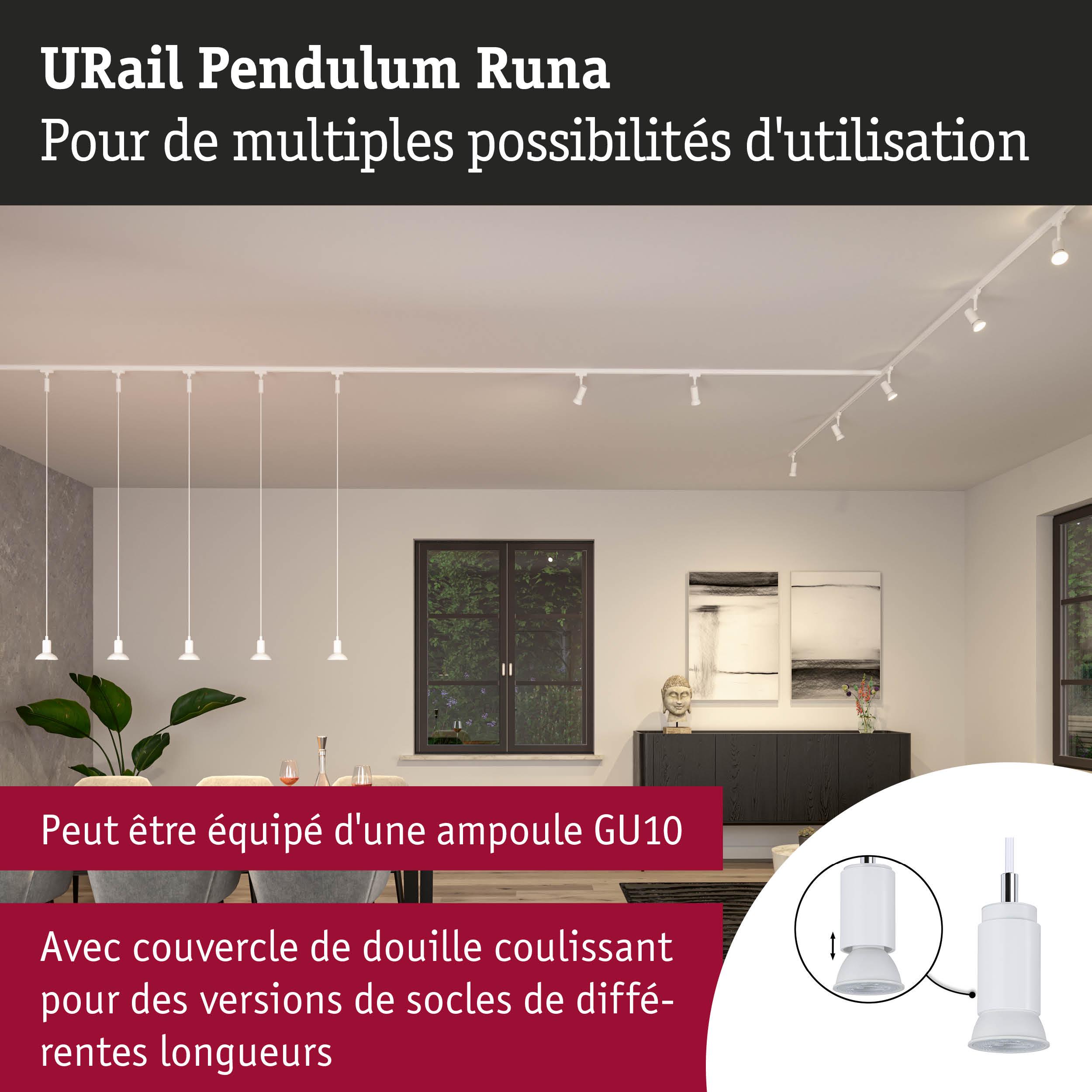 Suspension URail Pendulum Runa blanche avec douille GU10 pour options d'éclairage variées