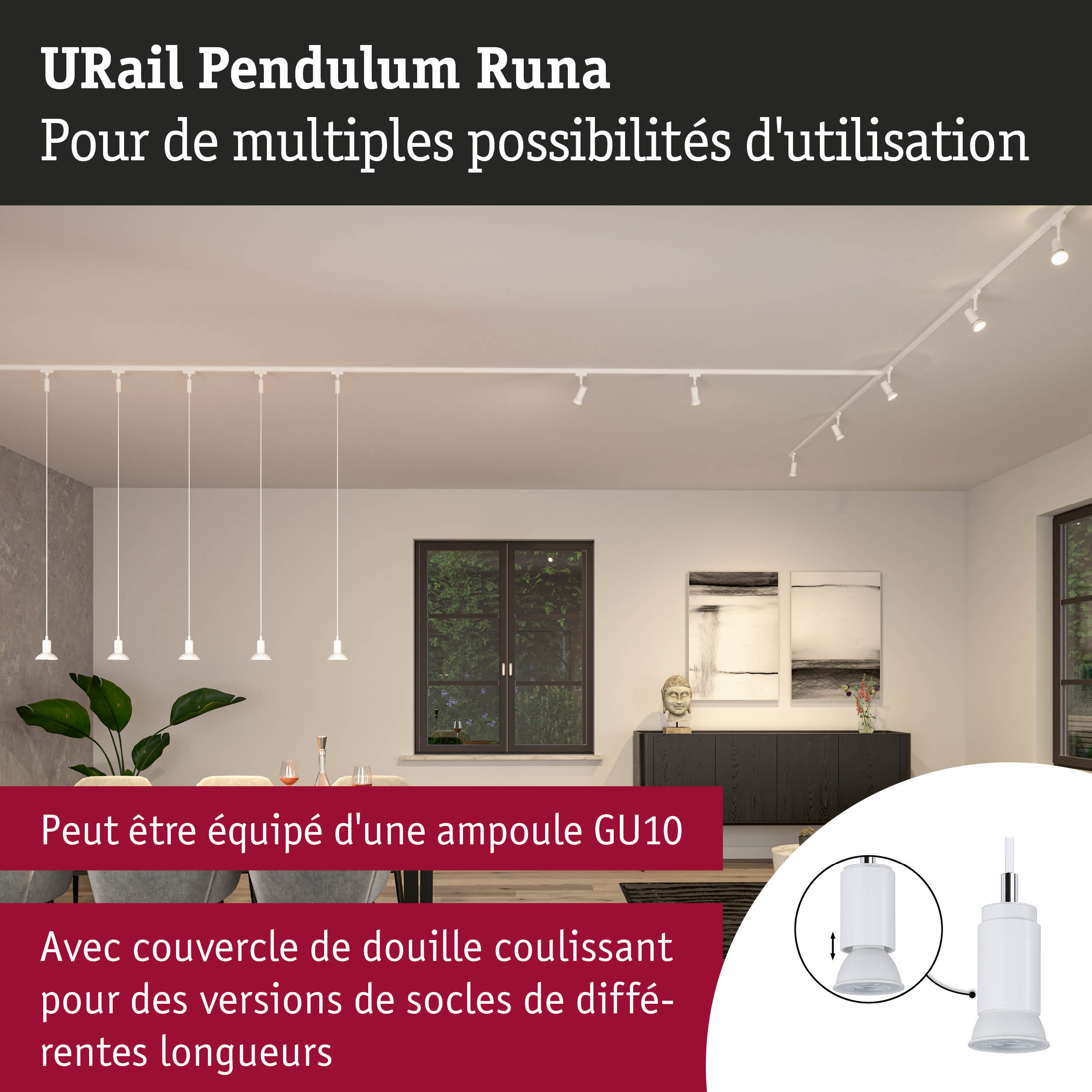 Ensemble de suspensions blanches URail Pendulum Runa avec douille GU10 pour éclairage polyvalent