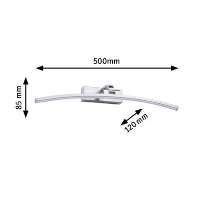 Curved LED wall light in brushed silver aluminum measuring 500x85x120 mm for modern lighting