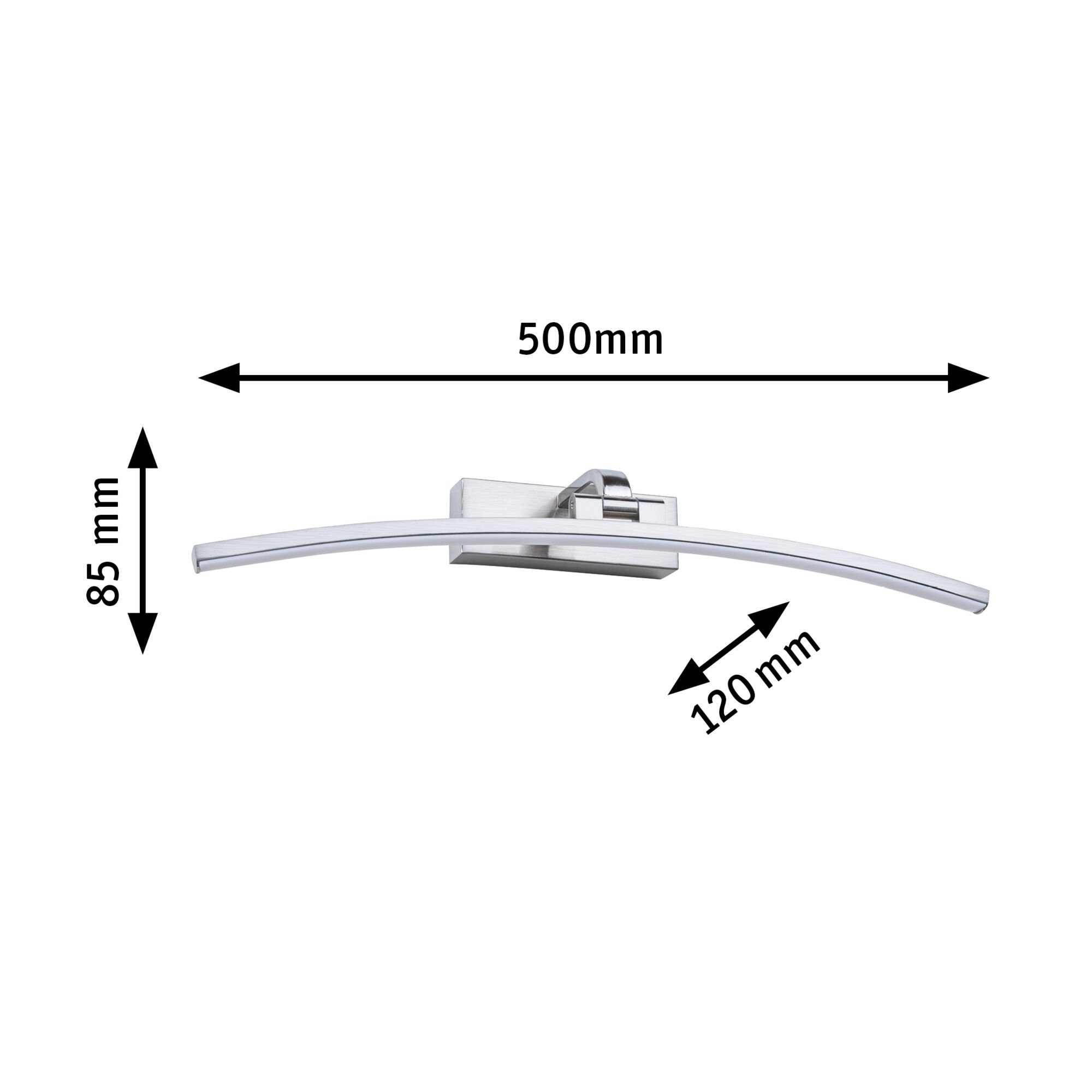 Gebogene LED-Wandleuchte aus gebürstetem Aluminium in Silber mit Maßen 500x85x120 mm