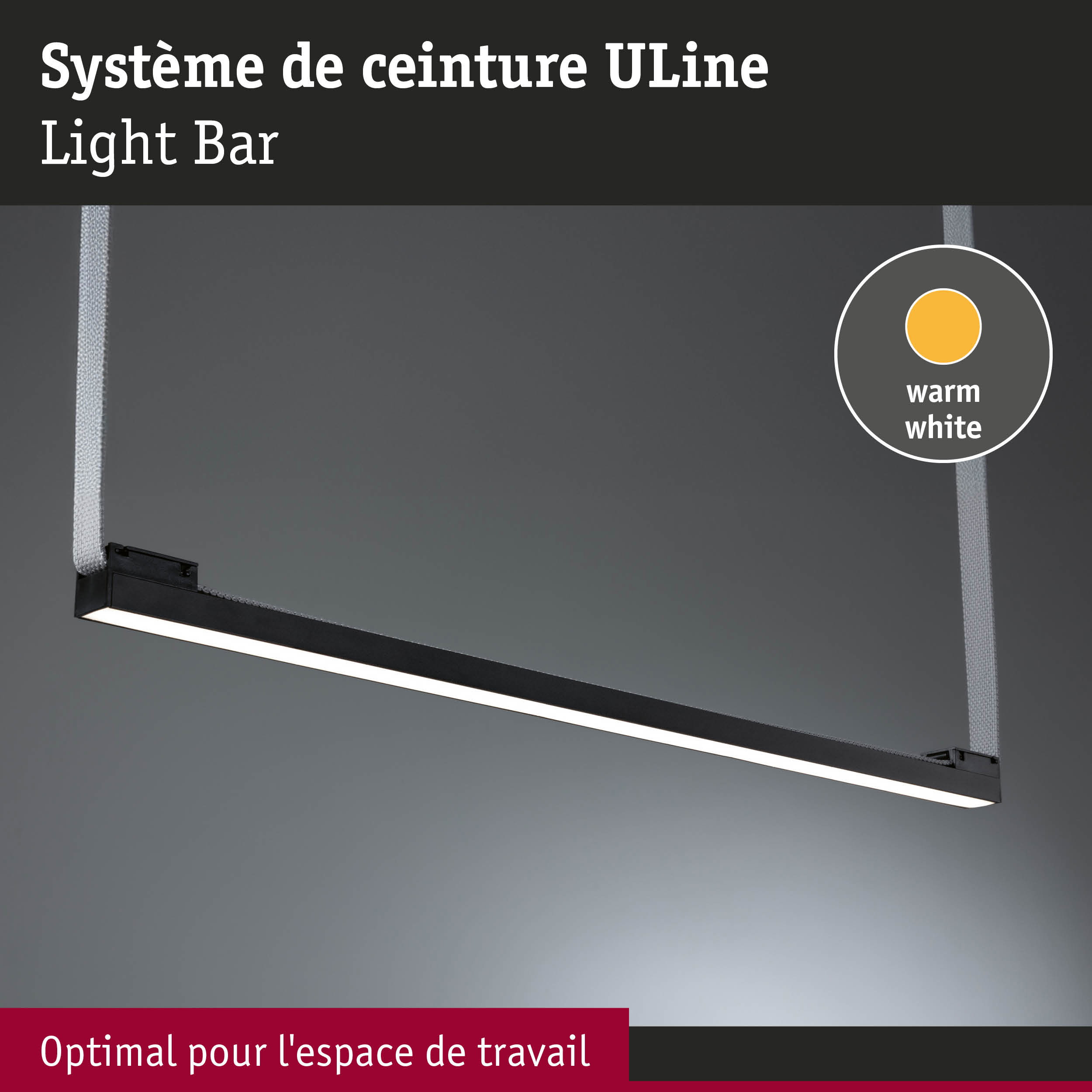 Suspension ULine Light Bar noire avec lumière blanc chaud, idéale pour espace de travail et bureau