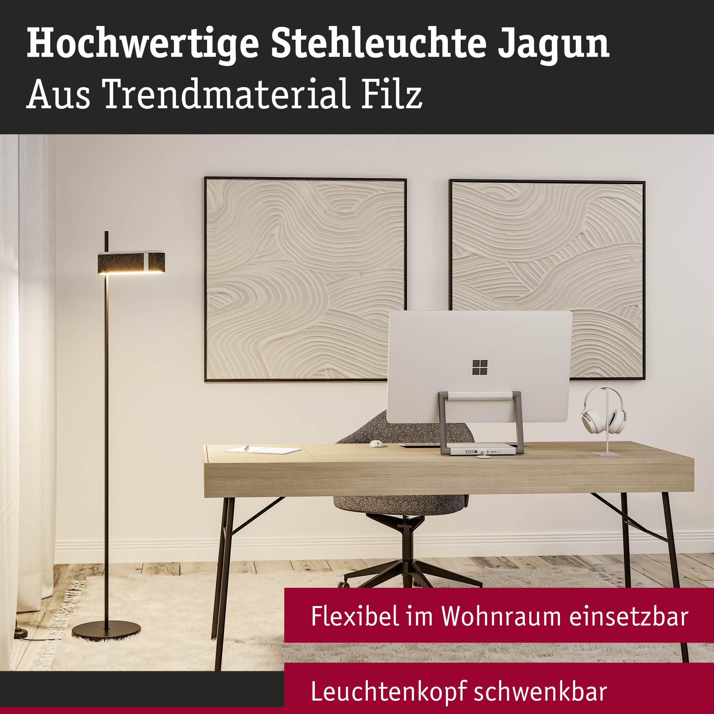 Schwarze Stehleuchte Jagun aus Filz mit schwenkbarem Leuchtenkopf im modernen Wohnraum