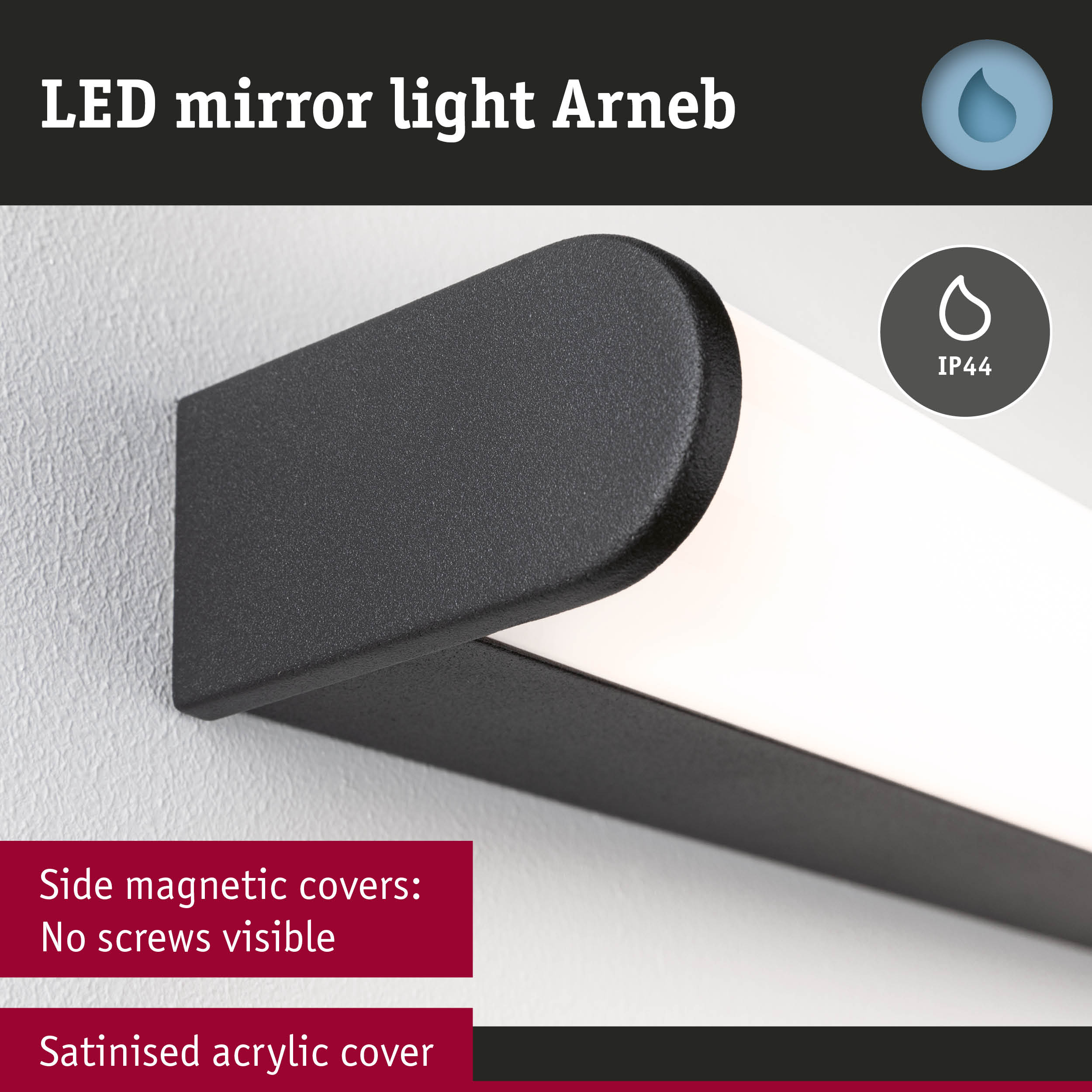Black LED mirror light Arneb with satin acrylic cover and magnetic side covers for bathroom lighting