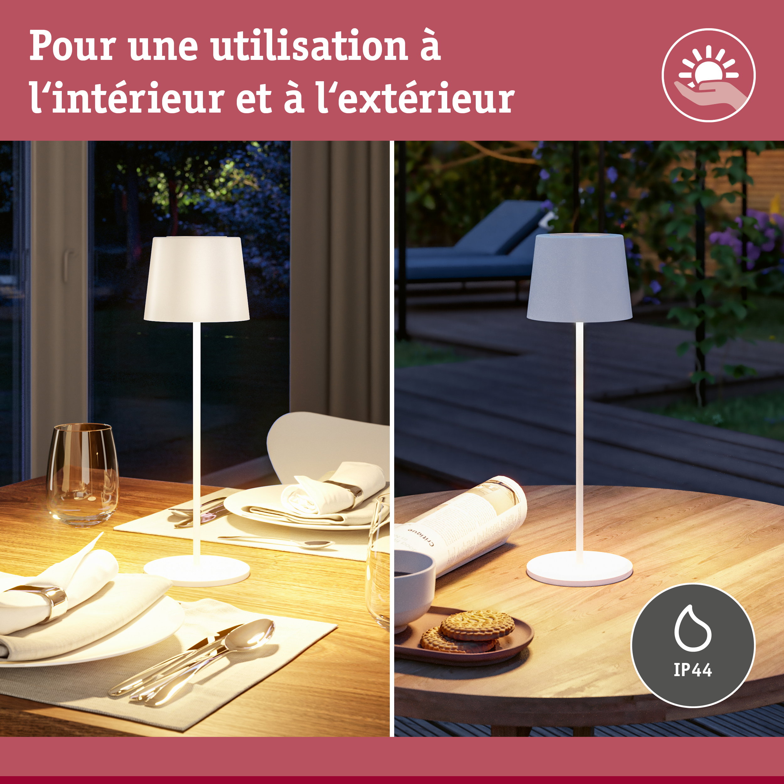 Lampe de table blanche avec indice IP44 pour usage intérieur et extérieur, éclairage maison et jardin
