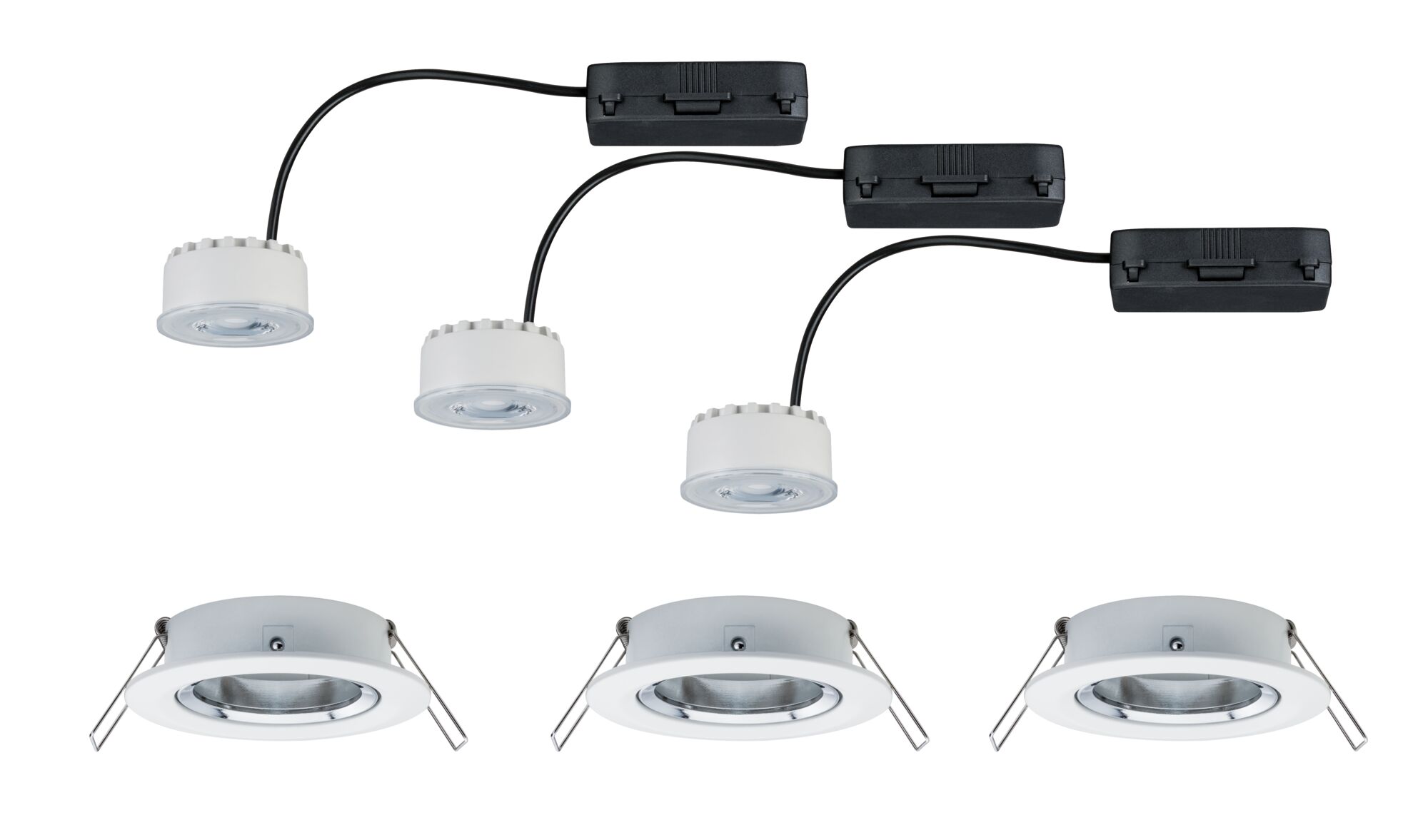 Three white LED recessed spotlights with black connection boxes and metal springs for ceiling mounting