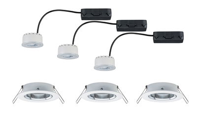 Three white LED recessed spotlights with black connection boxes and metal springs for ceiling mounting