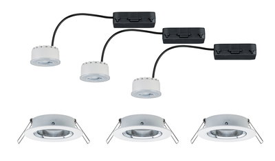 Three white LED recessed spotlights with metal frames and three matching LED drivers for home lighting