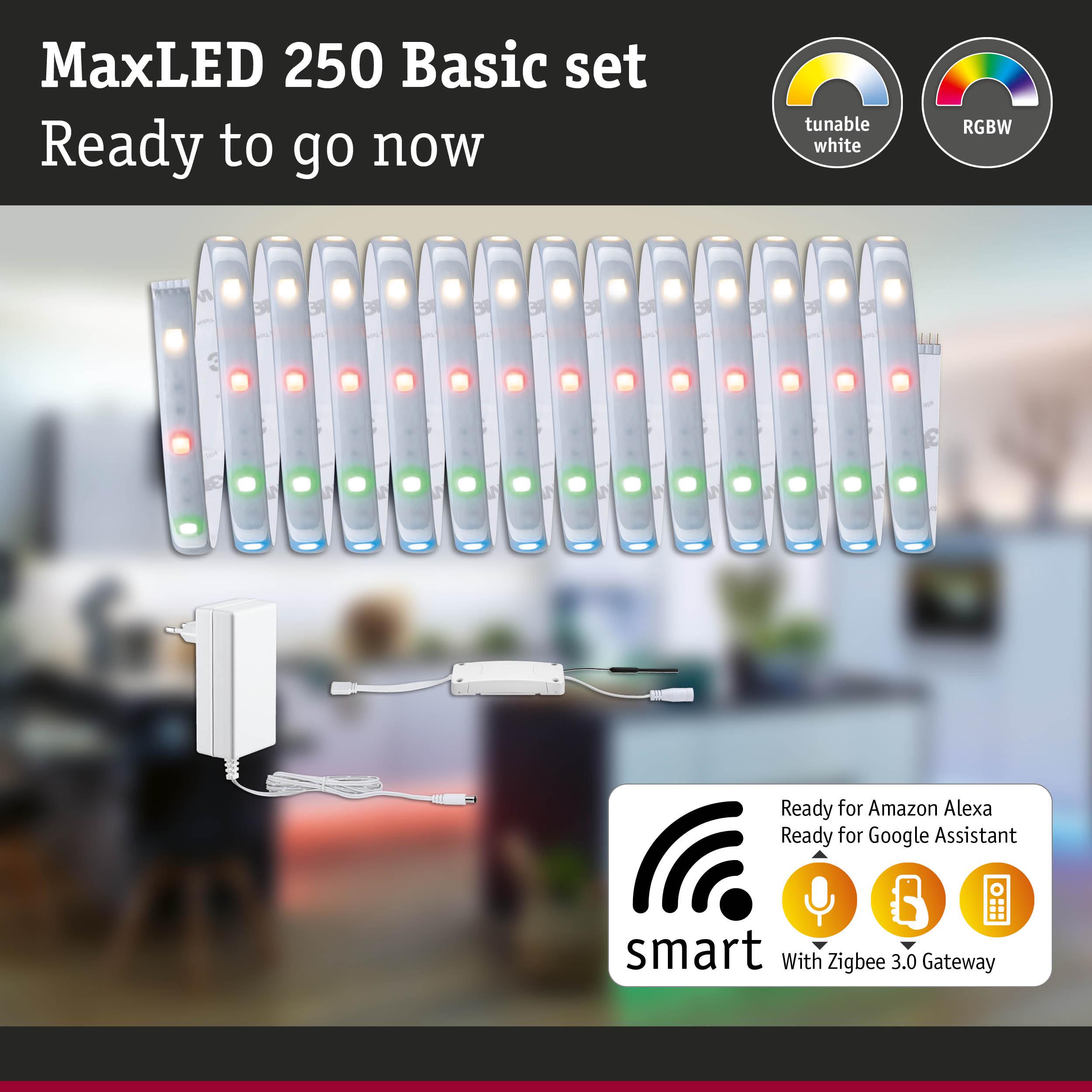 MaxLED 250 Basic set with RGBW LED strip and power supply, compatible with Alexa and Google Assistant