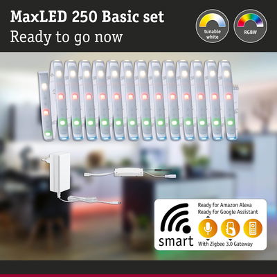 MaxLED 250 Basic set with RGBW LED strip and power supply, compatible with Alexa and Google Assistant