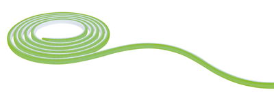 Green and white flexible LED strip coiled for decorative lighting and ambient room accents