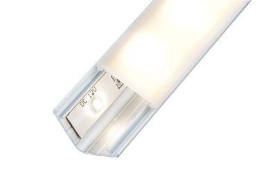 Close-up of white LED aluminum profile with frosted diffuser and 12V LED strip lighting