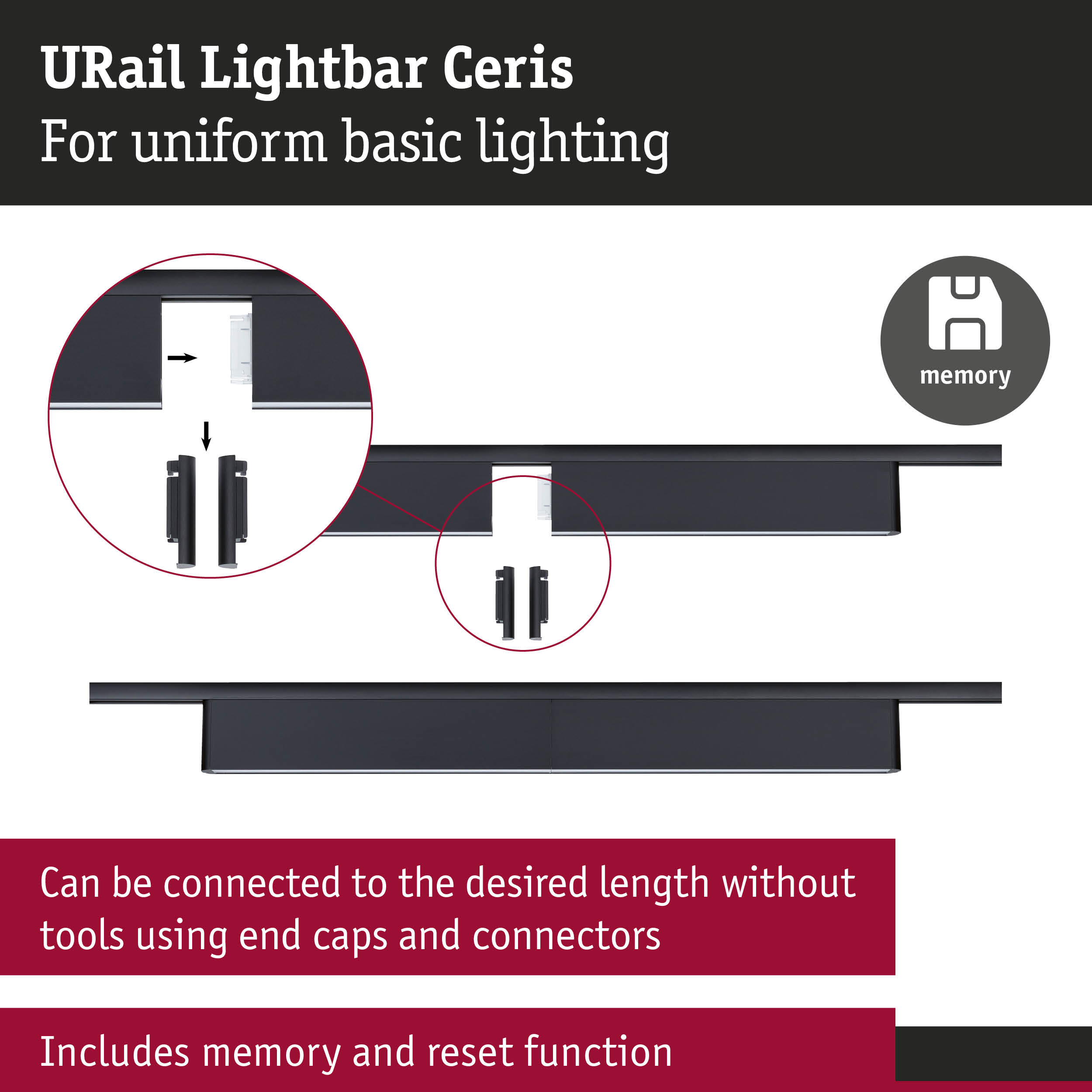 URail Lightbar Ceris black rail with connectors for flexible LED basic lighting system
