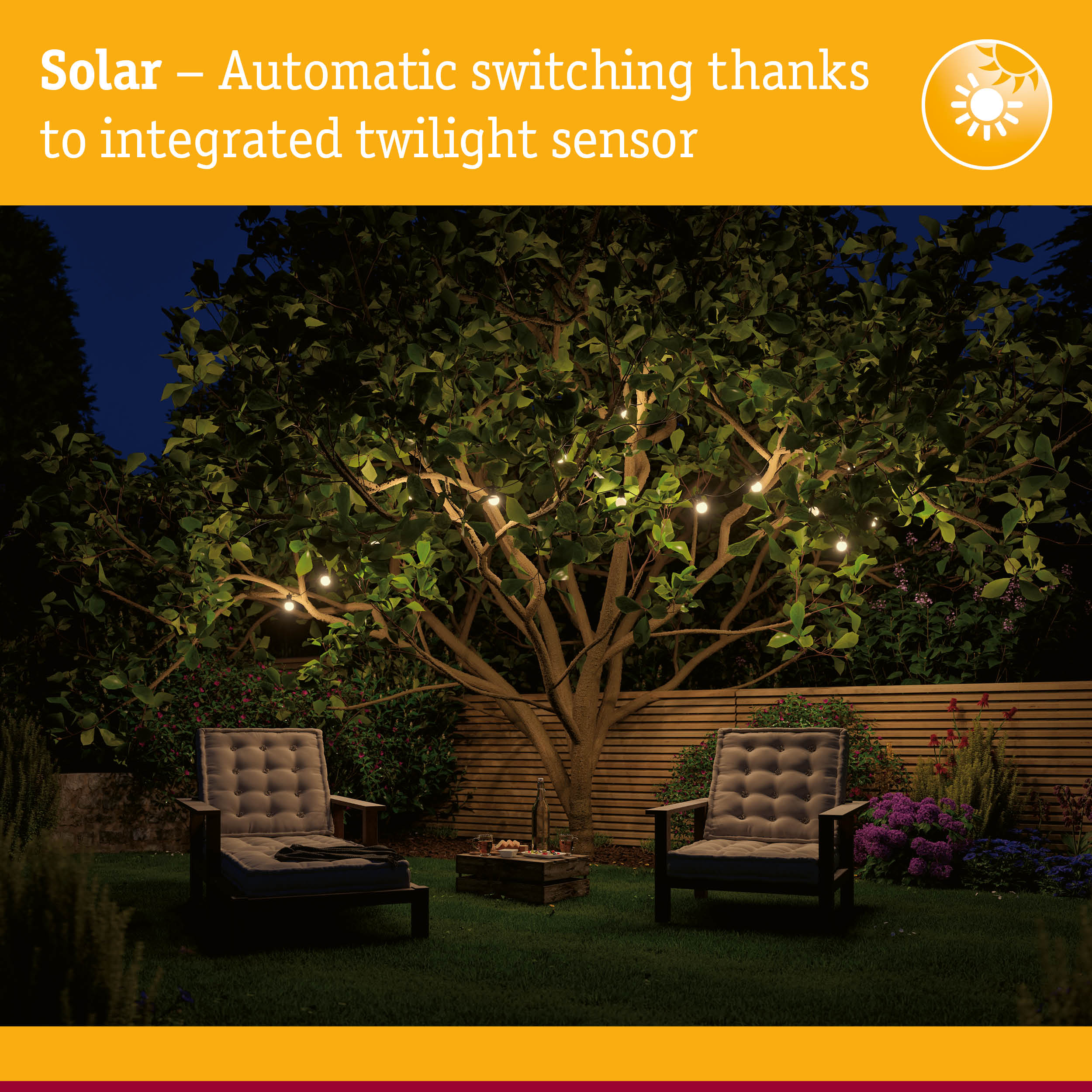 Garden with solar string lights on tree, automatic twilight sensor for outdoor lighting