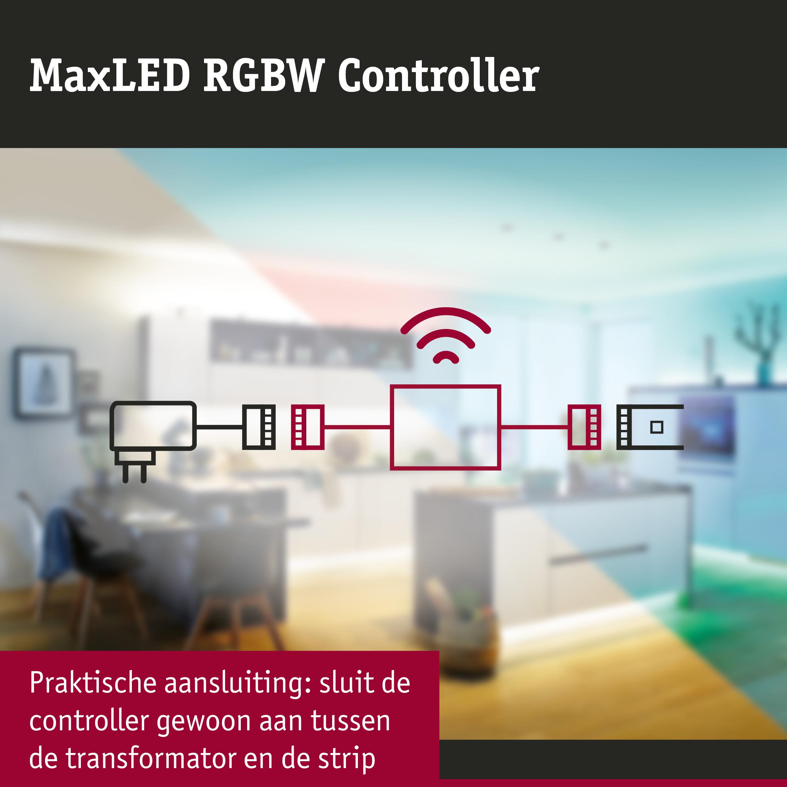 MaxLED RGBW Controller aansluitdiagram toont verbinding tussen transformator en LED-strip voor lichtregeling
