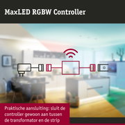 MaxLED RGBW controller schema met praktische aansluiting tussen transformator en LED-strip voor slimme verlichting