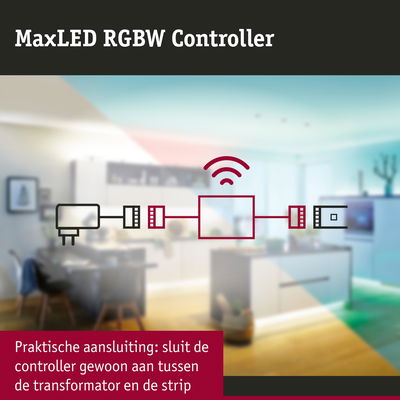 MaxLED RGBW Controller aansluitdiagram toont verbinding tussen transformator en LED-strip voor lichtregeling