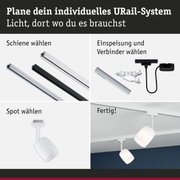 Modulares URail-Schienensystem mit weißen und schwarzen Schienen, Steckern und weißen Spots für flexible Beleuchtung