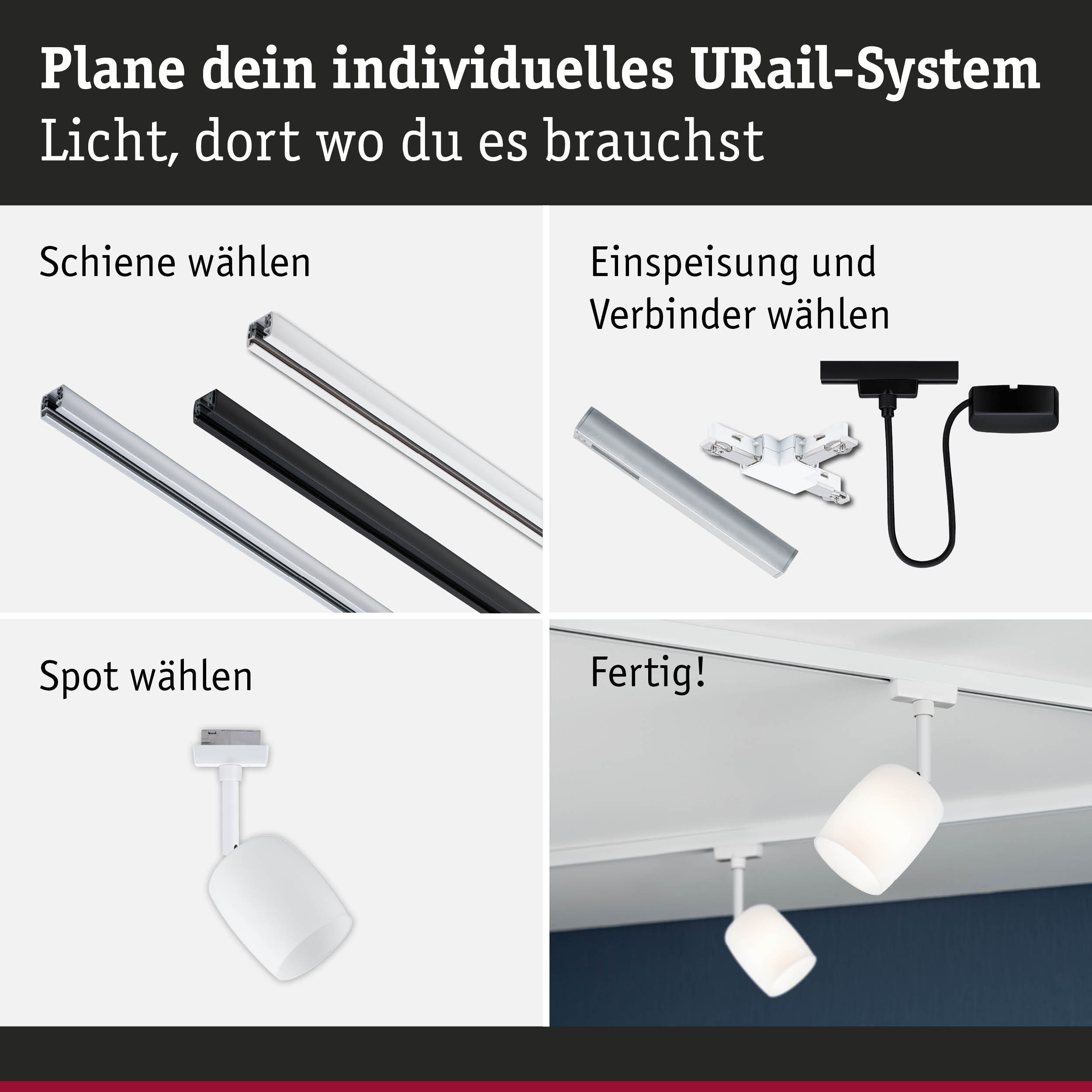 Modulares URail-Schienensystem mit weißen und schwarzen Schienen, Steckern und weißen Spots für flexible Beleuchtung