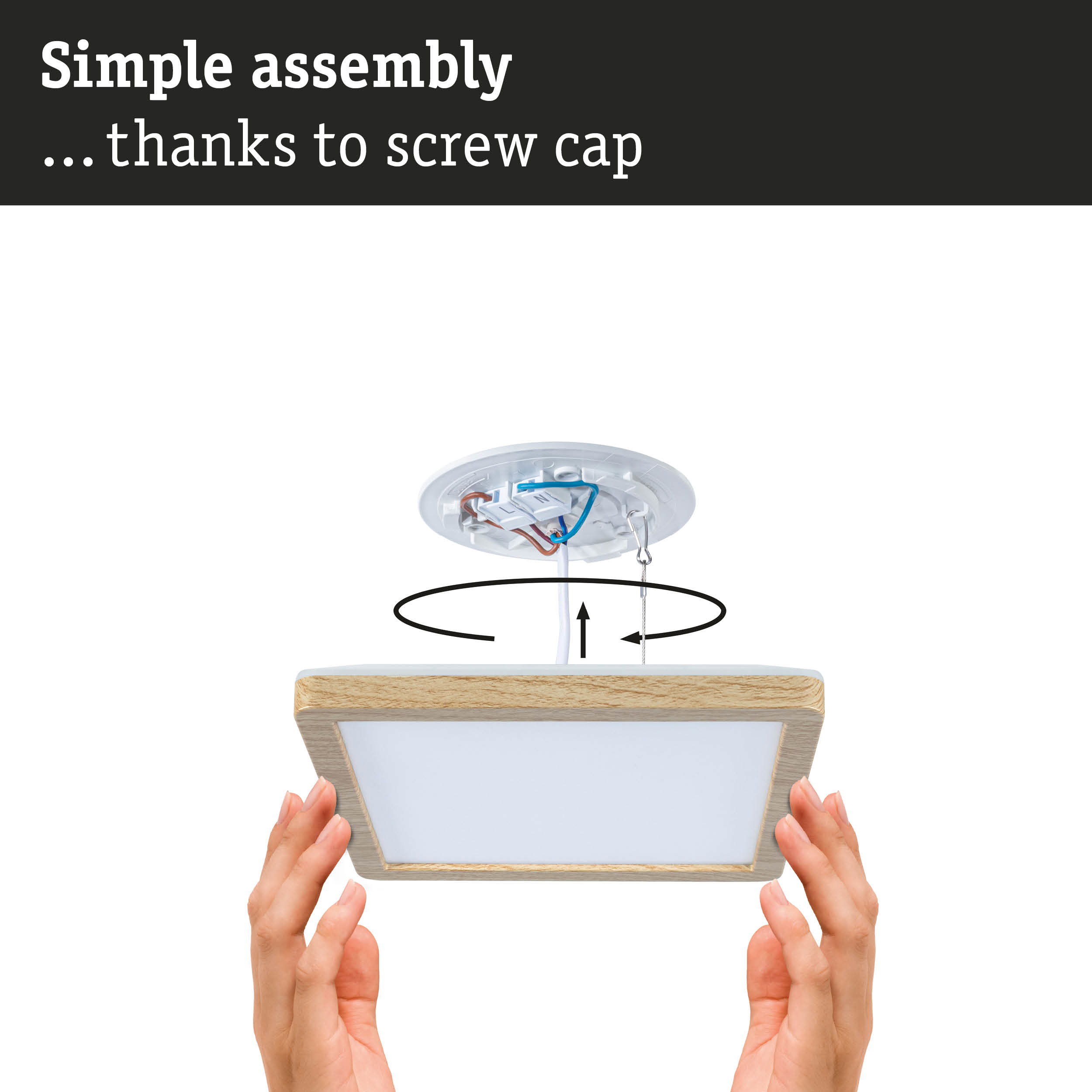 Simple assembly of square ceiling light with wooden frame using screw cap for easy installation