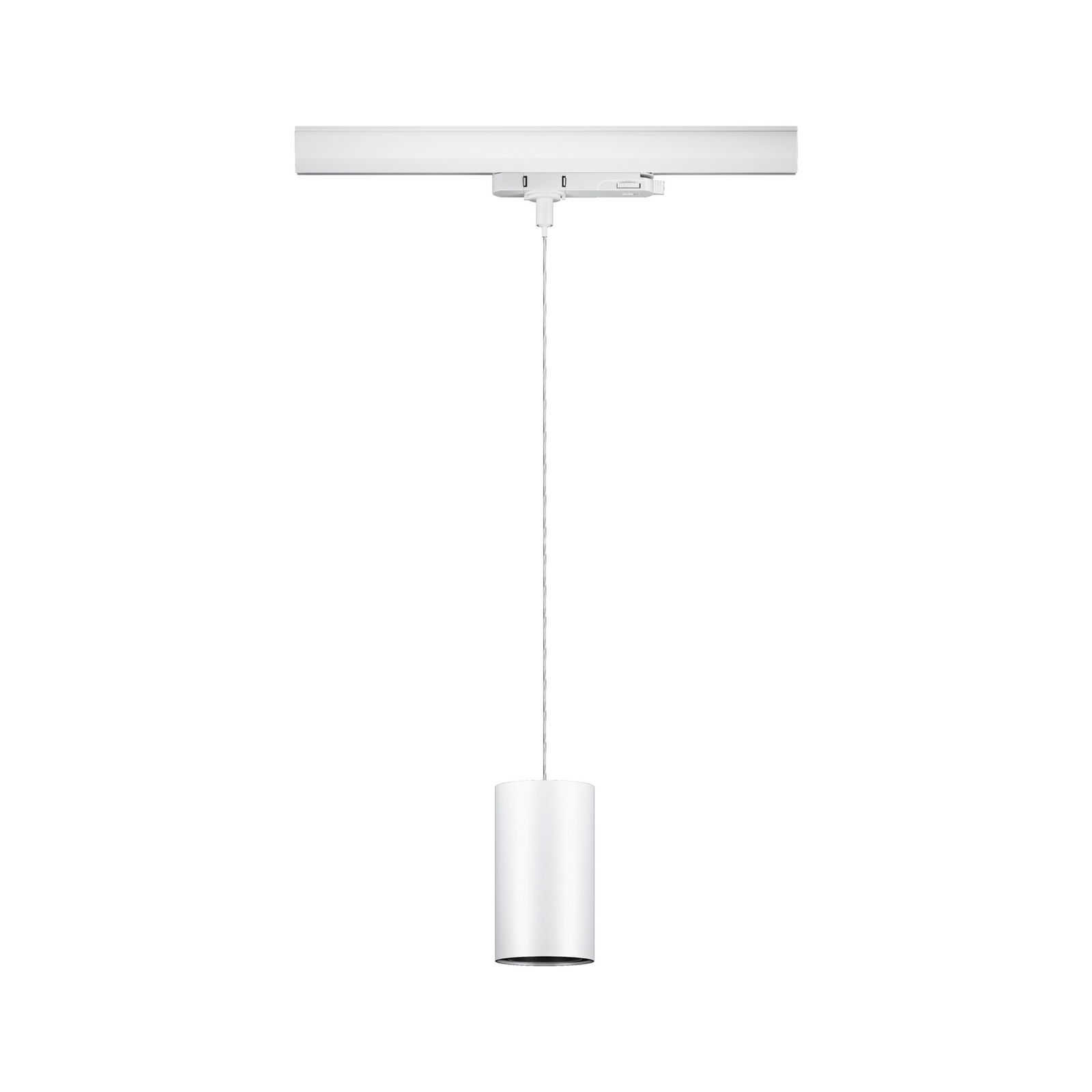 Modern white metal LED pendant light with cylindrical design for track lighting systems