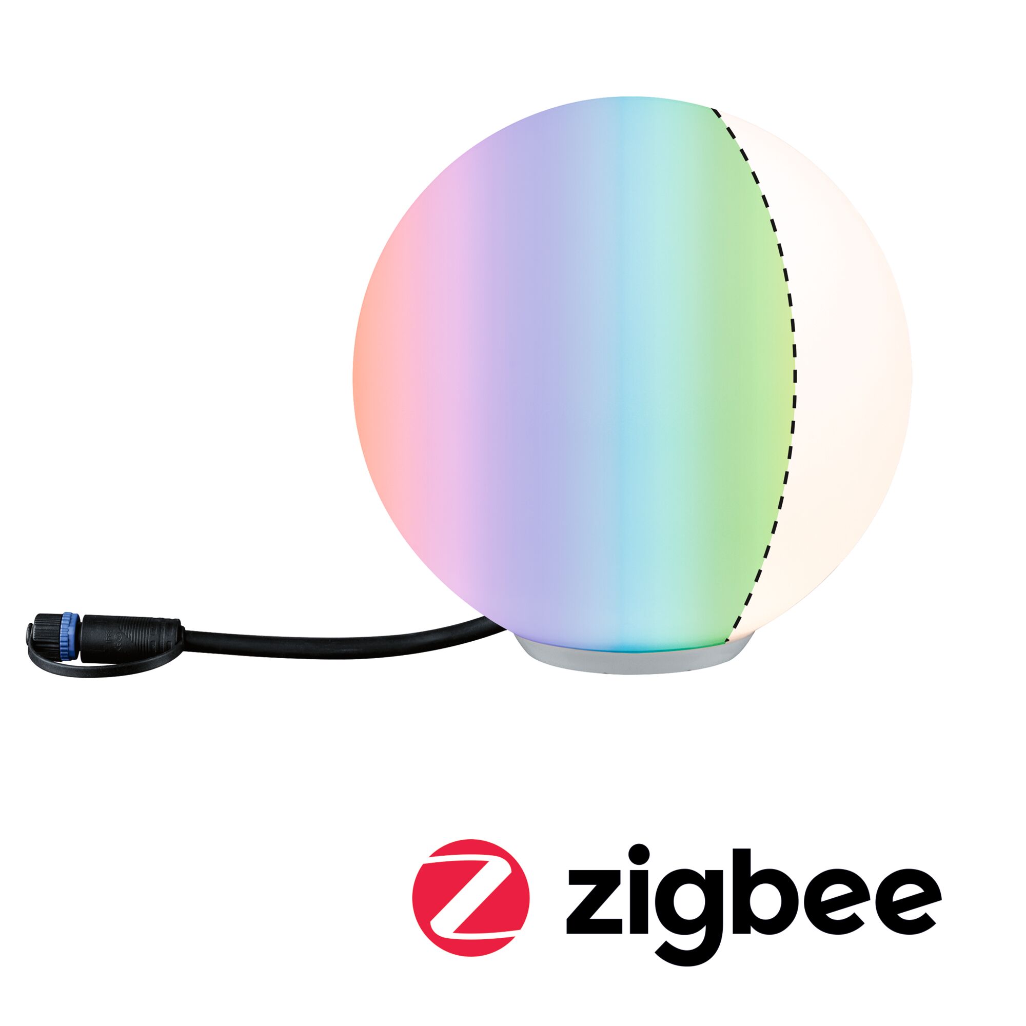 Plug & Shine LED-lichtobject Smart Home Zigbee 3.0 Globe IP65 RGBW+ 2,9W Wit Ronde LED-lamp met kleurverloop en zwarte kabel, compatibel met Zigbee smart home systeem.