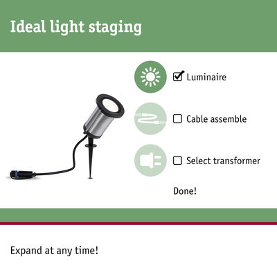 Compact metal LED garden spotlight with black and silver stake for outdoor lighting solutions