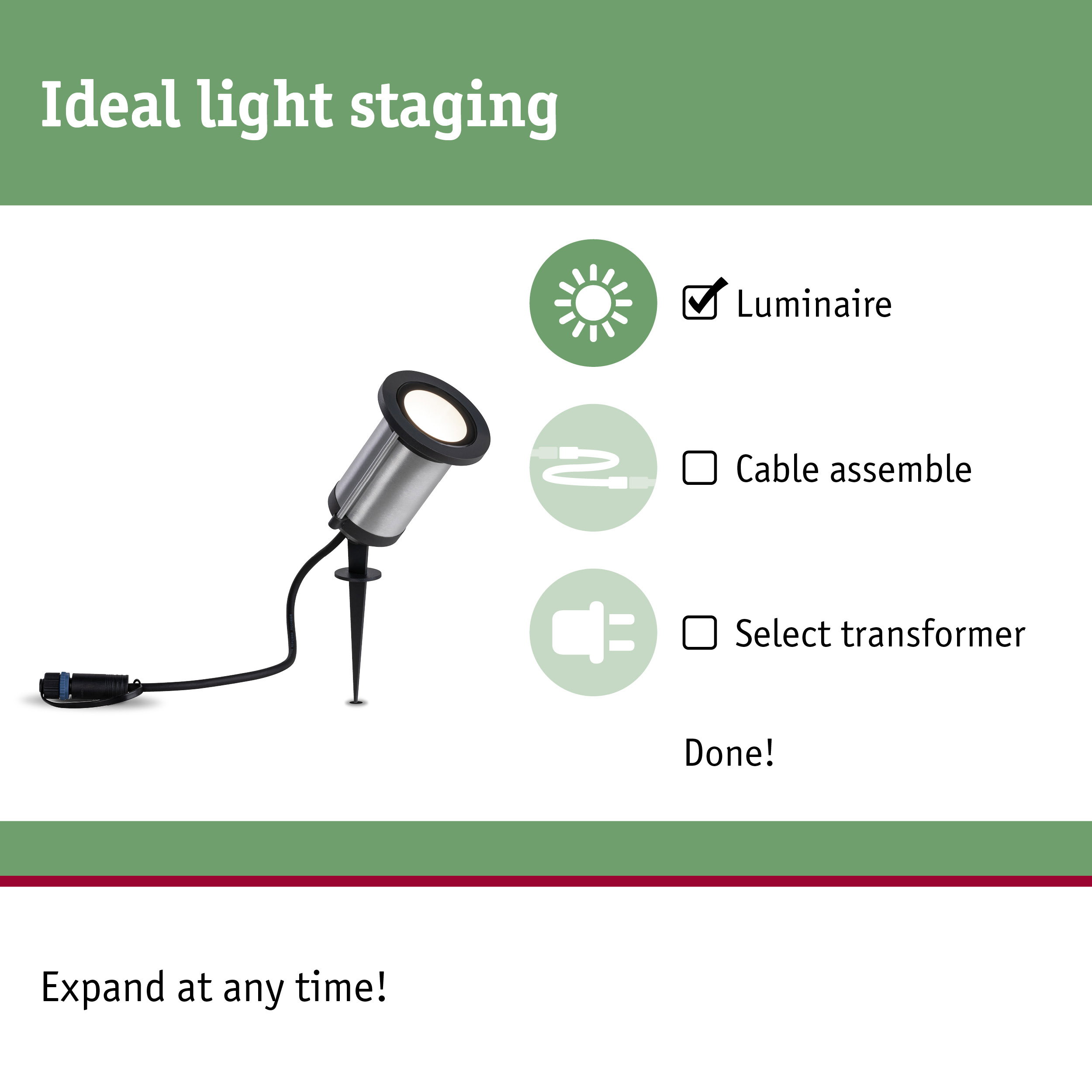 Stainless steel outdoor spotlight with black trim and ground spike for garden lighting and staging