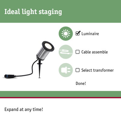 Stainless steel outdoor spotlight with black trim and ground spike for garden lighting and staging